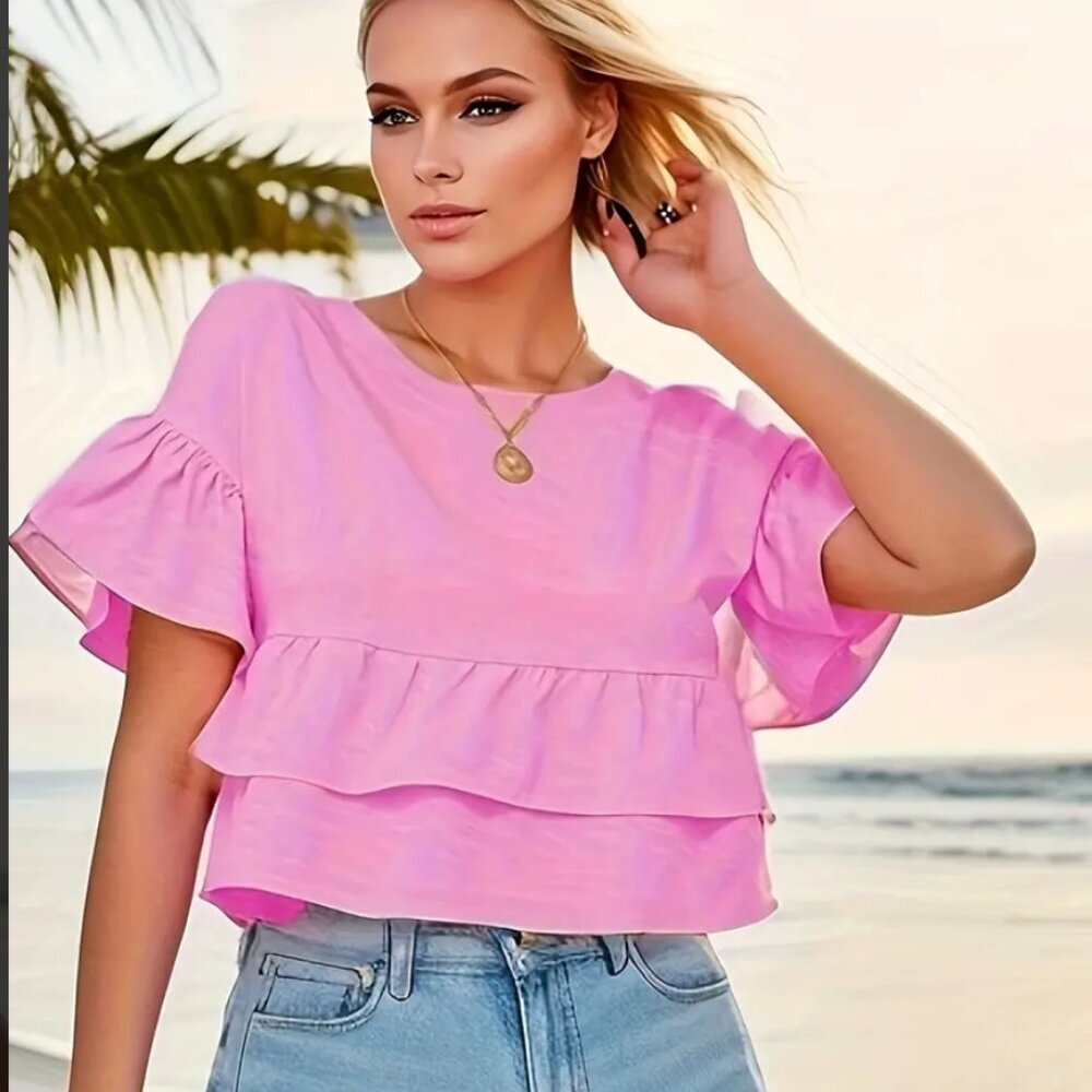 Women's Pink Crew Neck Sweet Flare Sleeve Blouse Size Medium  NWT